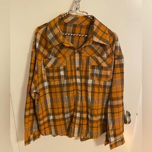 Orange and Brown Plaid Flannel Button-up Shirt
